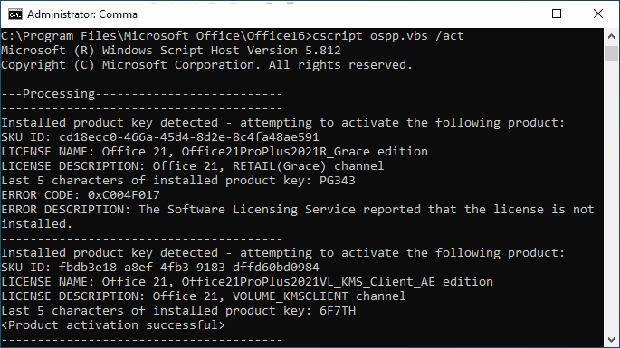 use act command to activate Office 2021