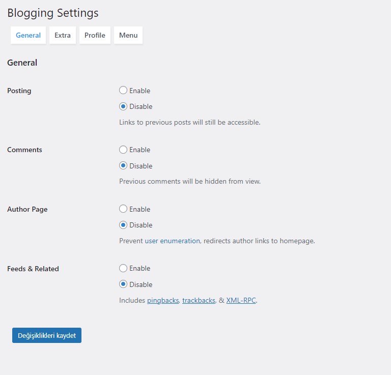 WordPress'te Blog Özelliklerini Devre Dışı Bırakma